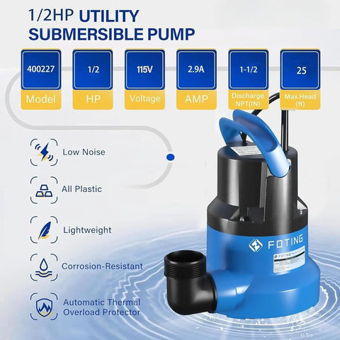 One Half Horsepower Submersible Water Pump With Stainless Steel Base 2450 GPH Portable Sump Pump shown with details