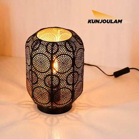 Industrial Table Lamp For Nightstand And Desk With Plug In Power, Black Hollow Carved Metal Cage Lantern Lighting