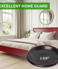 Image of a bedroom with a red bed frame, hardwood floors, and an inset detail of a 1 5/8 inch round carpet bottom furniture caster cup.