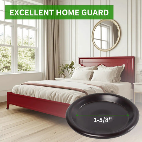Image of a bedroom with a red bed frame, hardwood floors, and an inset detail of a 1 5/8 inch round carpet bottom furniture caster cup.