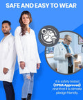 Adults Unisex Doctor Lab Coat Costume White Button Front Size Large Perfect For Cosplay Halloween Dress Up And Medical Themed Parties Great For Men And Women, worn by two models against a blue background