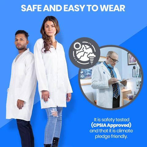 Adults Unisex Doctor Lab Coat Costume White Button Front Size Large Perfect For Cosplay Halloween Dress Up And Medical Themed Parties Great For Men And Women, worn by two models against a blue background