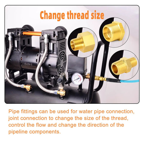Compressor with Six Piece Brass Pipe Fittings Set With Hex Bushings And Reducer Adapters Reducing Nipples From Three Eighths NPT To One Quarter NPT