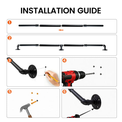 Installation guide for Heavy Duty Industrial Pipe Handrail For Indoor Stairs Wall Mount Metal Safety Rail with step-by-step visuals.