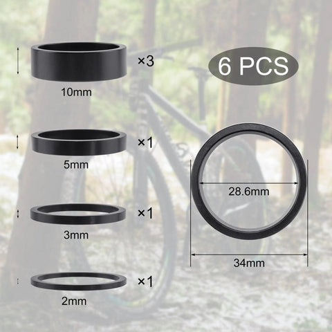 6 Pack 1 1/8 Inch Aluminum Bike Headset Spacers Set Anodized Black For MTB BMX Road Bikes With 2mm 3mm 5mm 10mm Shims