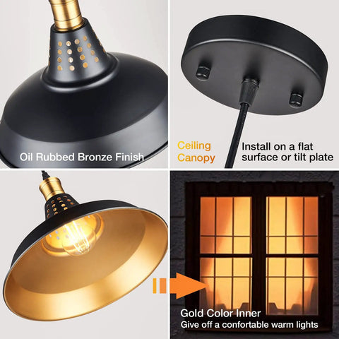 Close-up of Dope Matte Black Farmhouse Pendant Lights Kit For Kitchen Island showcasing oil rubbed bronze finish and gold interior.