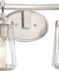 Poleis Vanity Bath Light Two Light Fixture In Brushed Nickel Finish 16 Inch Wide 9 Inch High 7 Inch Deep 120 Total Watts Dimmable Includes Mounting Hardware Bulbs Not Included shown from front view with clear glass shades.