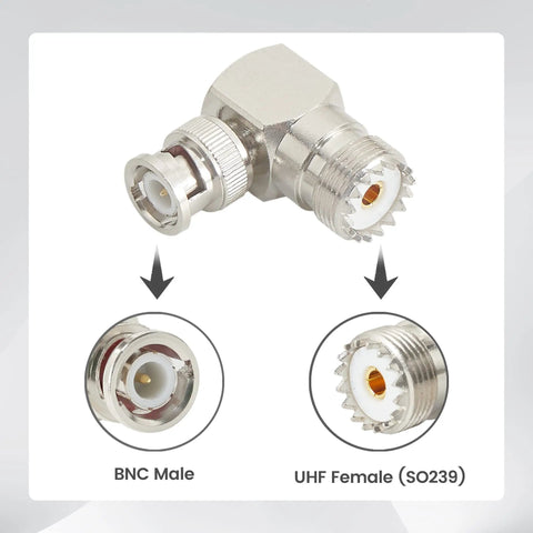 BNC Male to UHF Female SO239 Right Angle Coax Connector for Ham Radio CB Antenna and Scanner Gear 2 Pack RF Adapter
