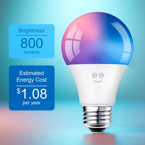 Prisma Plus 800 Dimmable Smart Light Bulb in multicolor RGB with 800 lumens brightness and energy cost details displayed.