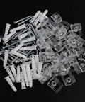 Foolproof Mirror Holder Kit Boasting 22 Slick Clear Plastic Clips With Heavy Duty Screws Crafted For 3 16 Inches Of Glass Panels And Hassle Free Door Framing Installations with screws and clips.