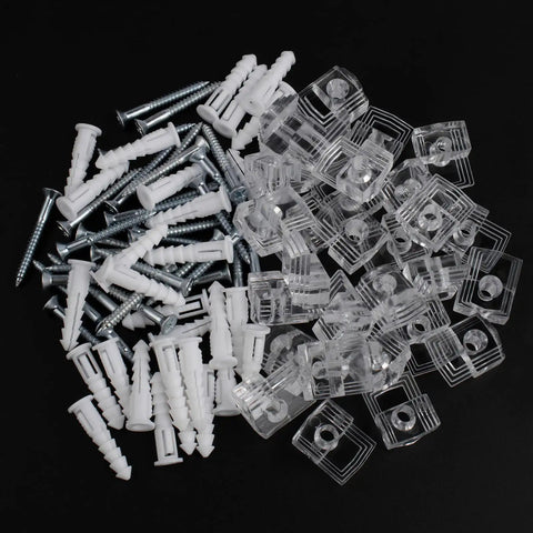 Foolproof Mirror Holder Kit Boasting 22 Slick Clear Plastic Clips With Heavy Duty Screws Crafted For 3 16 Inches Of Glass Panels And Hassle Free Door Framing Installations with screws and clips.