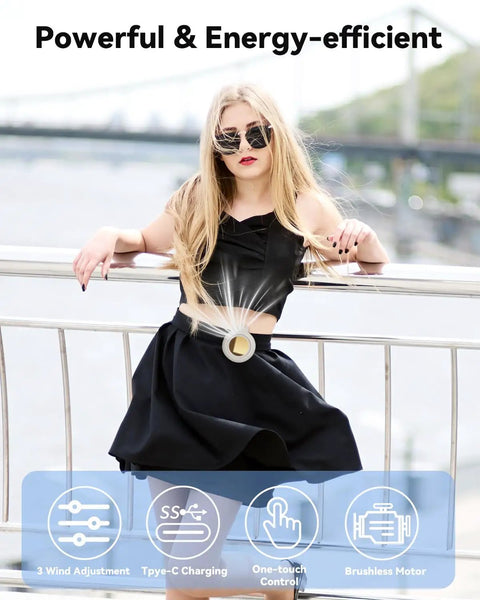 Clip On Mini Bladeless Fan Portable Silent USB Desk And Outdoor Cooler Small Clip For Shirts Belts Or Bags 3 Speed Adjustable 360 Degree Pivot Quiet Travel Office Gizmo Gift clipped on shirt of woman outdoors