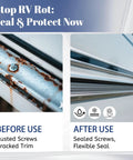 1-inch RV vinyl trim molding with exterior weather stripping; before/after rusted screws vs sealed, flexible seal on a camper.