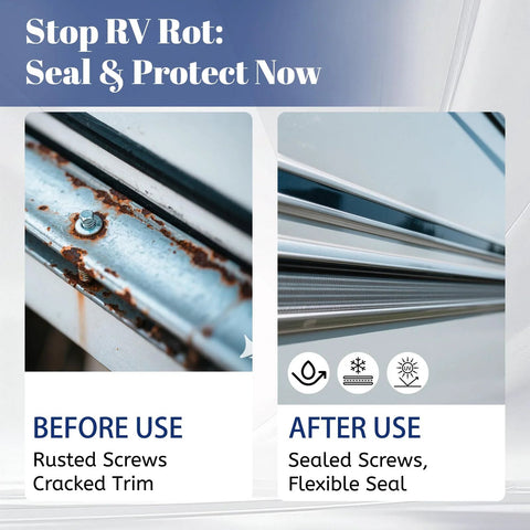 1-inch RV vinyl trim molding with exterior weather stripping; before/after rusted screws vs sealed, flexible seal on a camper.