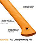 Ultralight Hiking Axe 13 Inch With 15 Percent Lighter FiberComp Handle, Textured SoftGrip, and Hooked Handle for Secure Hold
