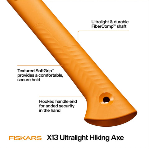 Ultralight Hiking Axe 13 Inch With 15 Percent Lighter FiberComp Handle, Textured SoftGrip, and Hooked Handle for Secure Hold