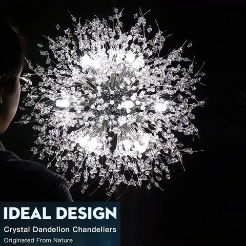 Crystal Dandelion Chandelier Pendant Lights With Firework Sparkle 12 Light Chrome Ceiling Fixture close-up view in dark room