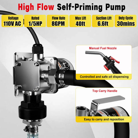 Beefy 8 GPM 110V Electric Fuel Transfer Pump Kit with nozzle and handle, showing key features for diesel and oils.
