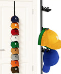 Heavy Duty Metal Hat Organizer For Baseball Caps Over The Door Cap Rack holds various colorful caps neatly arranged.