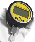 Heavy Duty Hydraulic Pressure Gauge Digital Display 10000 PSI 700 BAR With 1/4 Inch NPT Connector shown in gloved hand