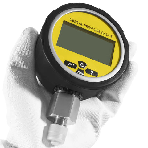 Heavy Duty Hydraulic Pressure Gauge Digital Display 10000 PSI 700 BAR With 1/4 Inch NPT Connector shown in gloved hand