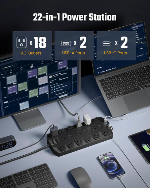 Heavy Duty Surge Protector Power Strip With 18 AC Outlets And 4 USB Ports 2 USB A 2 USB C 1875W 15A 2100J 6.5ft Flat Plug Wall Mount Holes Space Saving Extension Cord For Home Office Gaming Room Dorm on desk with laptops