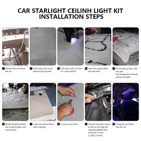 Car And Home Starlight Headliner Kit With 16W High Power RGBW Fiber Optic Lights installation steps guide for auto ceiling decor.