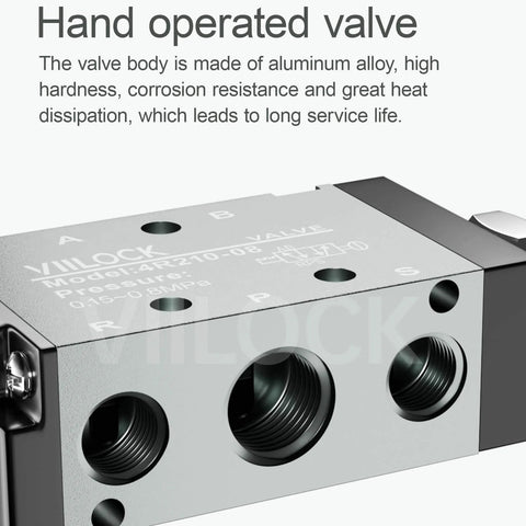 5 Way 2 Position Pneumatic Solenoid Valve with hand lever, aluminum body, 1/4 NPT ports, push-pull manual model 4R210-08