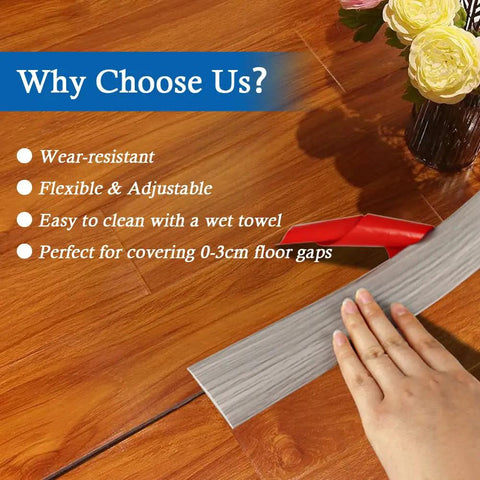 Self Adhesive Floor Transition Strip For Laminate And Vinyl, 2 Inch Wide Wood Grain Style, being installed on a wooden floor