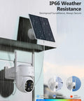5G Solar Wireless Security Cameras Outdoor, 2K Home Surveillance with solar panel mounted on exterior wall in rain