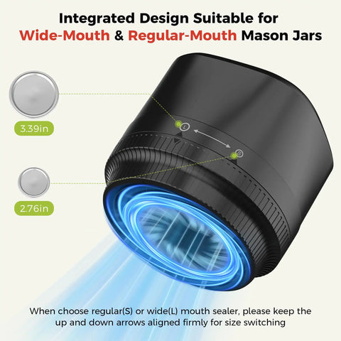 Upgraded 3-In-1 Electric Mason Jar Vacuum Sealer With Built In Converter for Wide-Mouth and Regular-Mouth jars, black design.