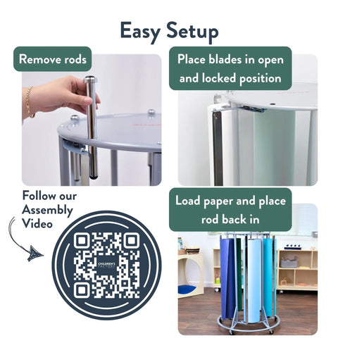 5 Roll Paper Dispenser And Cutter For Classrooms With Mobile Storage showing easy setup steps with rods and paper rolls