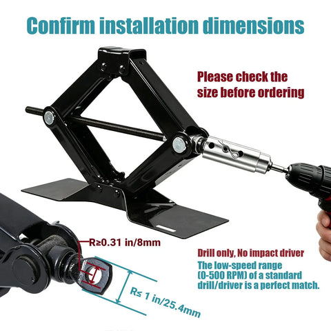 Heavy Duty Stainless Steel Trailer Jack Drill Adapter For 1 Inch Drive Shafts with cordless drill attachment and size guidelines