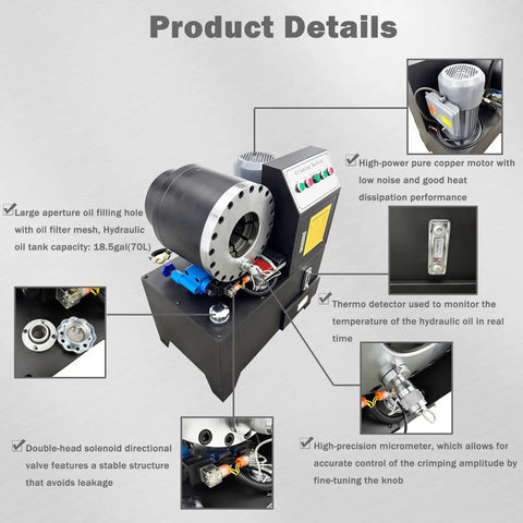 Badass Heavy Duty Electric Hose Crimper With Ironclad Steel Frame And Pro Grade Hydraulic Pipe Press For Bulletproof Seals On Six Mm To Fifty Mm Tubing Using 3600 Kn Force On 220V Power, showing oil filling and control features.