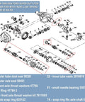 Exploded view of Ford Super Duty Front Axle Seals Kit With Outer Dust Seal Inner Tube Seal Needle Bearing Snap Ring And Thrust Washer For Dana 50 60 Front Axle On Excursion F250 F350 F450 1998 2004.