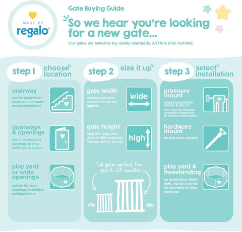Infographic on choosing Extra Wide Baby Safety Gate For Openings From 29 To 41.5 Inches, 30 Inches Tall, with installation tips.