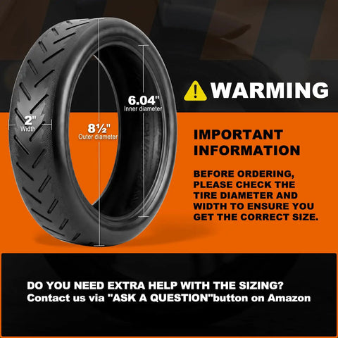 8.5 By 2 Electric Scooter Tire And Inner Tube Set Replacement Go-To Upgrade For 50/75-6.1 highlighting dimensions and warning
