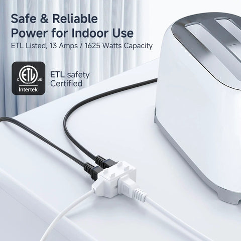 25 Ft 16 AWG Two Prong To Three Outlet Indoor Extension Cord With Tamper Guard, 13A 1625W White, plugged into a device