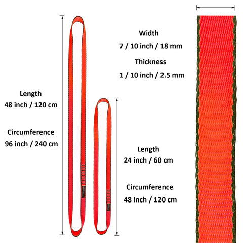 18mm Nylon Climbing Slings 2 Pack 24 Inch Runners With 22kN CE Certified Strength, showing lengths and dimensions in inches and cm