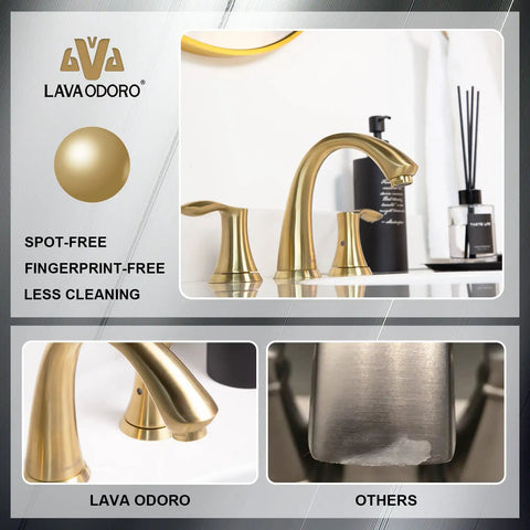 Brushed Gold 3 Hole 8 Inch Widespread Bathroom Faucet With Two Handles in vanity setting, solid brass, includes drain assembly.