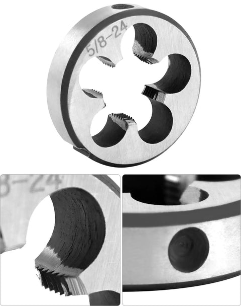 5/8-24 UNEF Right Hand HSS Tap And Die Set For Precision Thread Repair In Iron Aluminum Copper Heavy Duty Alloy Steel Round Die Tool To Fix Damaged Threads Fast And Save You From Costly Replacements On DIY And Pro Projects. round die close-up