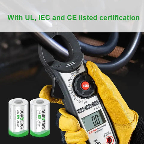 Heavy Duty CR2 Lithium Batteries 3 Volt 10 Pack For Camera Flash Rangefinder And Security Systems Replaces CR15H270 on display with multimeter.