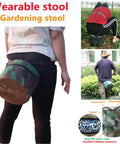 Wearable Garden Stool Sit On The Go Garden Chair For Seniors And Moms showing camouflage design, worn on waist during outdoor gardening.