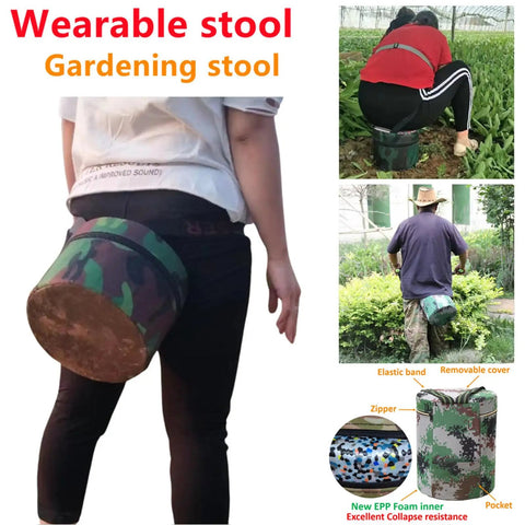 Wearable Garden Stool Sit On The Go Garden Chair For Seniors And Moms showing camouflage design, worn on waist during outdoor gardening.