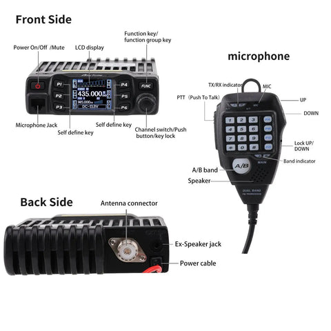 Front and back view of Beefed Up Dual Band Ham Radio Transceiver For Mobile Use VHF UHF AT 778UV with microphone and LCD display.