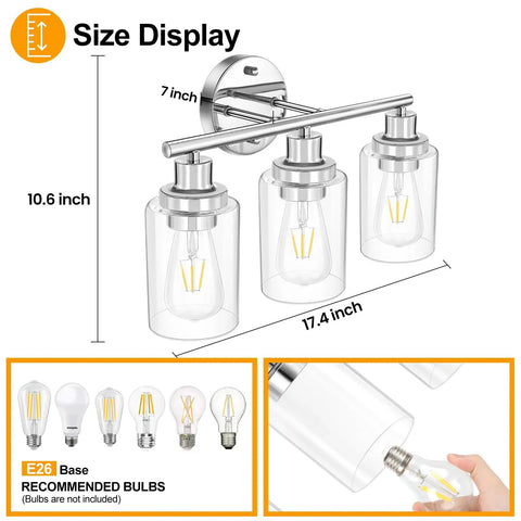 Dope Black Matte Vanity Light Fixture With 3 Light Wall Sconces And Clear Glass Shades Modern Iron Bath Wall Lamp size diagram