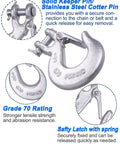 Close-up of One Quarter Inch Safety Chain Hooks With Clevis Slip Hook And Safety Latch, Grade 70 Forged Steel, showing details.