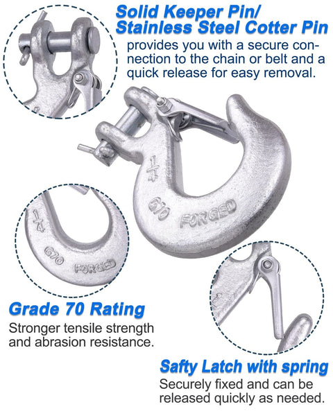Close-up of One Quarter Inch Safety Chain Hooks With Clevis Slip Hook And Safety Latch, Grade 70 Forged Steel, showing details.