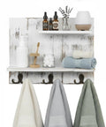 Two Tier Wall Mounted Floating Shelf In Whitewashed Solid Wood With Six Antique Brass Hooks For Towels And Accessories