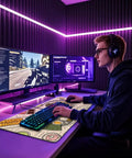 Gamer using PC on Japanese Ramen Themed XXL Gaming Mouse Pad 31.5 by 15.7 Inches with Illustrated Food Pattern in a purple-lit room.
